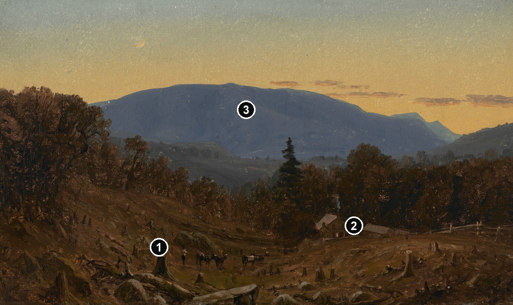 Annotated details from Hunter Mountain Preparatory Oil Study by Sanford Robinson Gifford